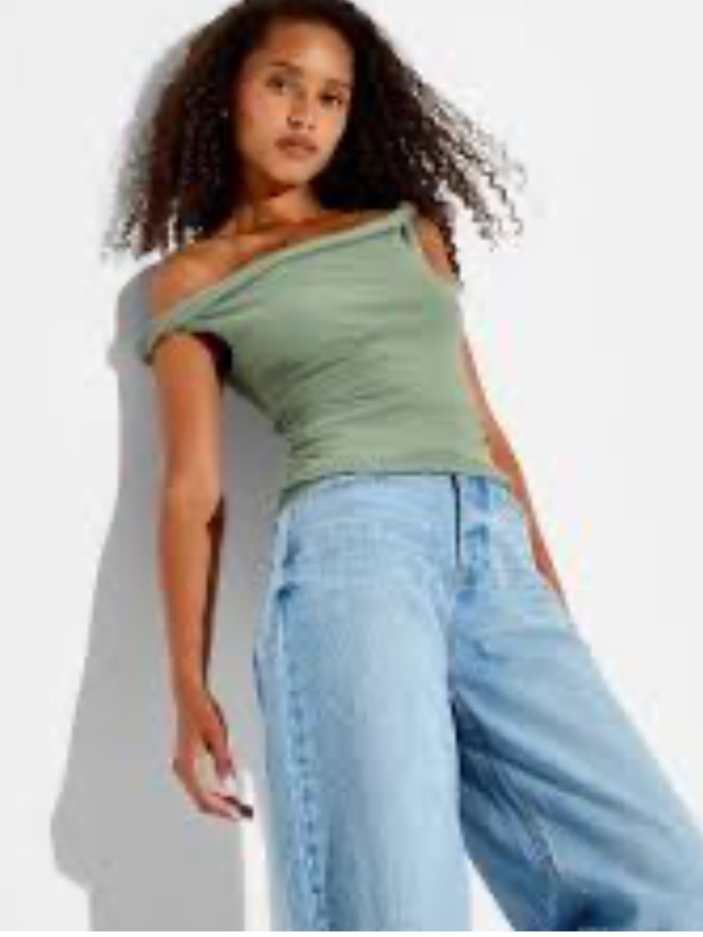 wild fable Olive Green Off-Shoulder Ribbed Crop Top